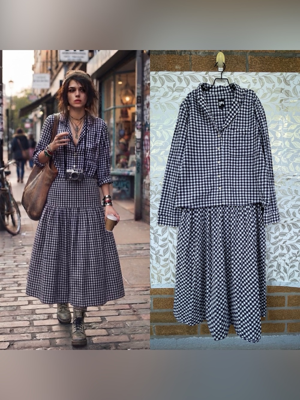 LWN Blue White Gingham 2-Piece Set Top Skirt M Lagenlook Vintage Indie